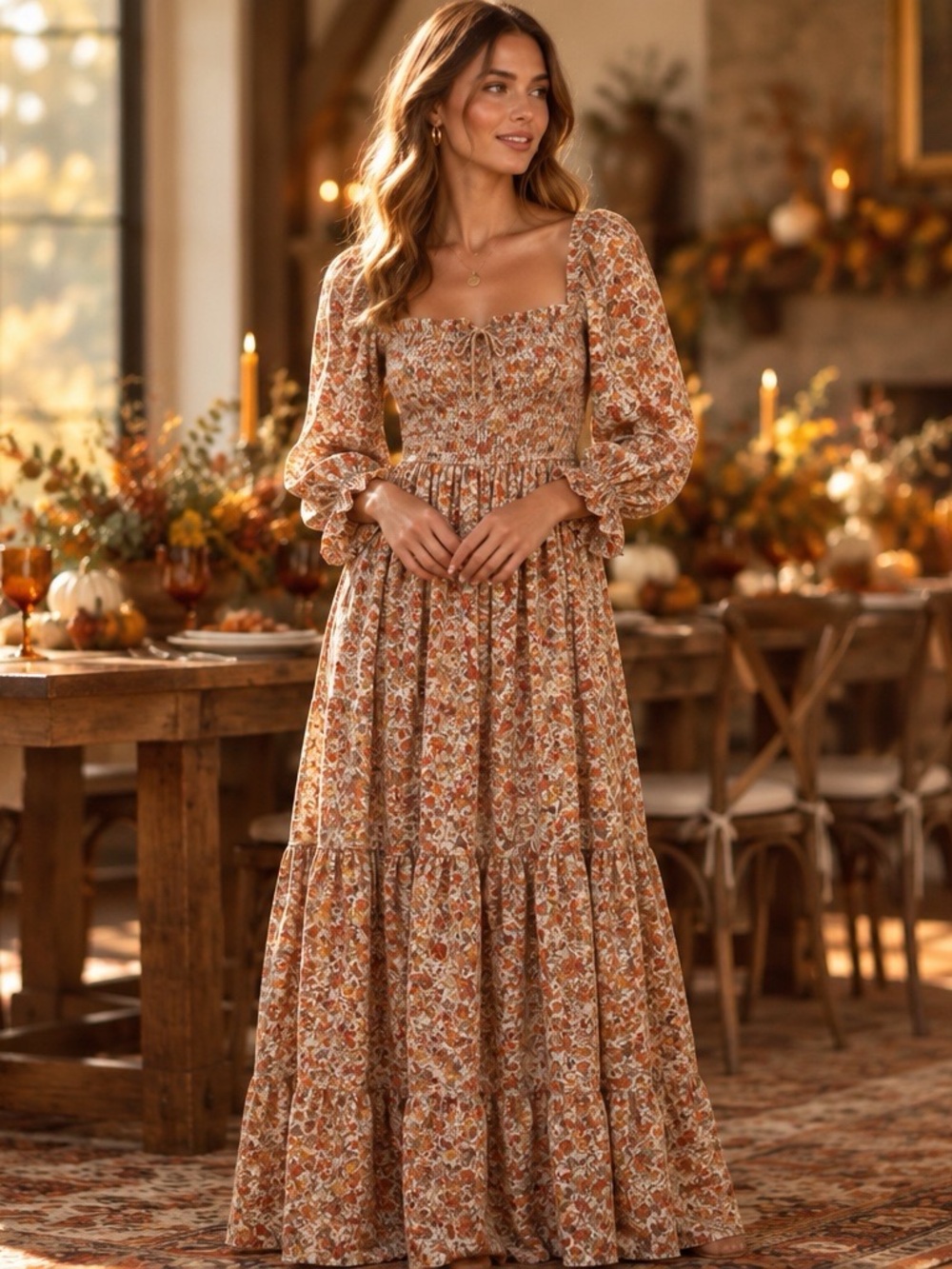 Akira Floral Smocked Square Neck Maxi Dress Medium Boho Cottagecore